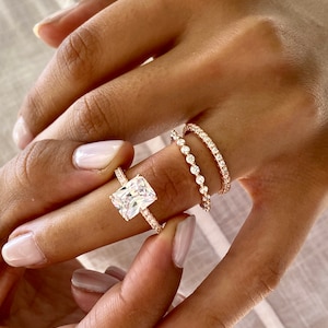 4.50 ctw Wedding Ring Set. Anniversary Rings. Eternity Band. Rose Gold Wedding Rings. 2.50 Carats Radiant Cut Engagement Ring. Silver Rings.