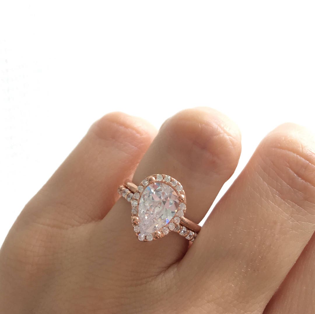 Rose Gold Ring Set. Sterling Silver Rose Gold Plated Pear Shaped Ring