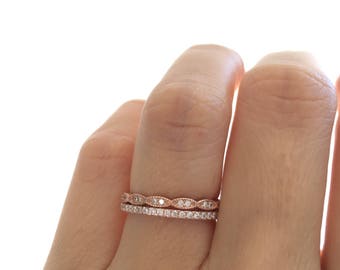 Art Deco Wedding Band And Half Eternity Band Set. Rose Gold Wedding Band Set. Wedding Rings. Stacking Rings Packed In A Luxury Gift Box.