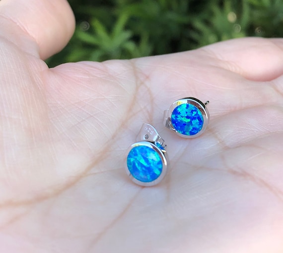 Disc Stud Earrings. 8mm Studs. Blue Opal Disc Earrings