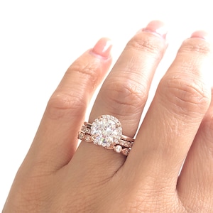 Rose Gold Wedding Ring Set. Round Cut Engagement Ring With 2mm Art Deco Band And 2mm Full Eternity Band. Rose Gold Bridal Ring Set. image 1