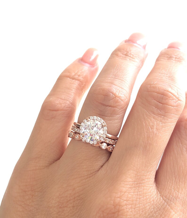 Rose Gold Wedding Ring Set. Round Cut Engagement Ring With 2mm Art Deco Band And 2mm Full Eternity Band. Rose Gold Bridal Ring Set. image 1