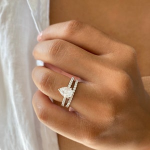 2.0 ctw Pear Shaped Wedding Ring Set. Teardrop Bridal Rings. Pear Cut Engagement Ring. Half Eternity Wedding Band. Anniversary Rings. image 9