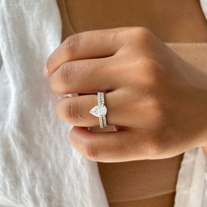 2.0 ctw Pear Shaped Wedding Ring Set. Teardrop Bridal Rings. Pear Cut Engagement Ring. Half Eternity Wedding Band. Anniversary Rings. image 7
