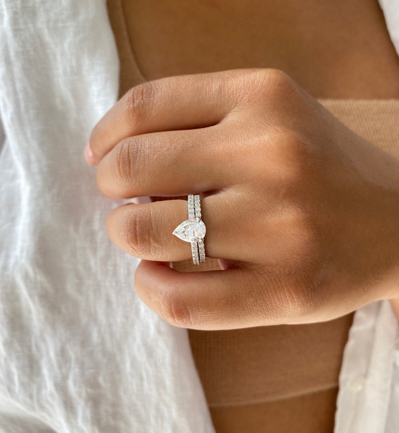 2.0 ctw Pear Shaped Wedding Ring Set. Teardrop Bridal Rings. Pear Cut Engagement Ring. Half Eternity Wedding Band. Anniversary Rings. image 7