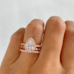 3.0 ctw Rose Gold Wedding Ring Set. Bridal Rings. Pear Shaped Halo Wedding Rings. Teardrop Ring. Art Deco Band. Pear Cut Engagement Ring. image 3