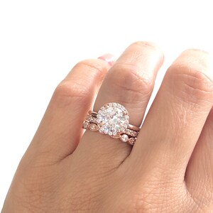 Rose Gold Wedding Ring Set. Round Cut Engagement Ring With 2mm Art Deco Band And 2mm Full Eternity Band. Rose Gold Bridal Ring Set. image 4
