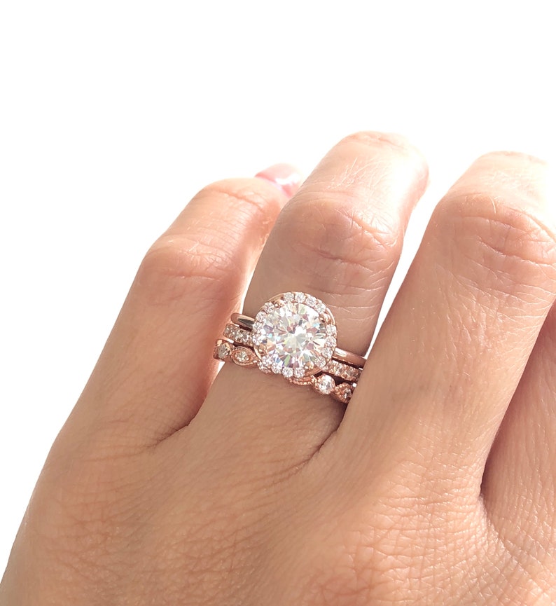 Rose Gold Wedding Ring Set. Round Cut Engagement Ring With 2mm Art Deco Band And 2mm Full Eternity Band. Rose Gold Bridal Ring Set. image 4
