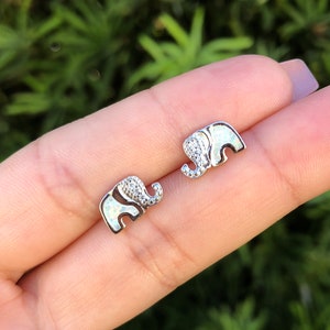Elephant Earrings. White Opal Sterling Silver Elephant Earrings. Small Elephant Earrings. Mini Elephant Earrings. Elephant Stud Earrings.