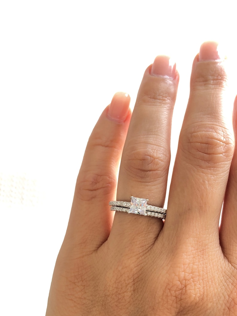 Princess Cut Wedding Ring Set. Sterling Silver Wedding Rings. - Etsy