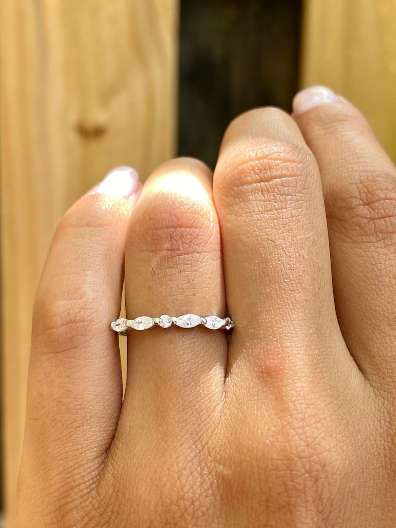 Silver Wedding Ring Marquise Ring Round and Marquise Band Art Deco Vintage Wedding Band Half Eternity Stackable Band Eternity Band Ring