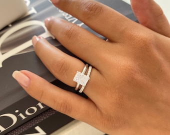 Hermoso juego de anillos de boda de talla radiante de 1 quilate. Banda de Media Eternidad. Juego de anillos de boda de 1,5 quilates. Anillos nupciales de plata de ley. Anillo de compromiso.