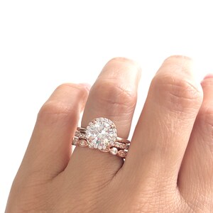 Rose Gold Wedding Ring Set. Round Cut Engagement Ring With 2mm Art Deco Band And 2mm Full Eternity Band. Rose Gold Bridal Ring Set. image 2
