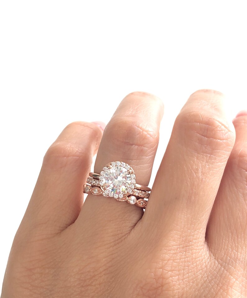 Rose Gold Wedding Ring Set. Round Cut Engagement Ring With 2mm Art Deco Band And 2mm Full Eternity Band. Rose Gold Bridal Ring Set. image 2