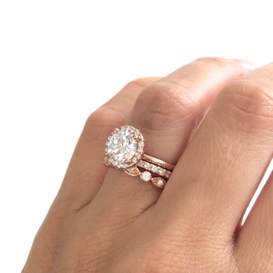 Rose Gold Wedding Ring Set. Round Cut Engagement Ring With 2mm Art Deco Band And 2mm Full Eternity Band. Rose Gold Bridal Ring Set. image 6