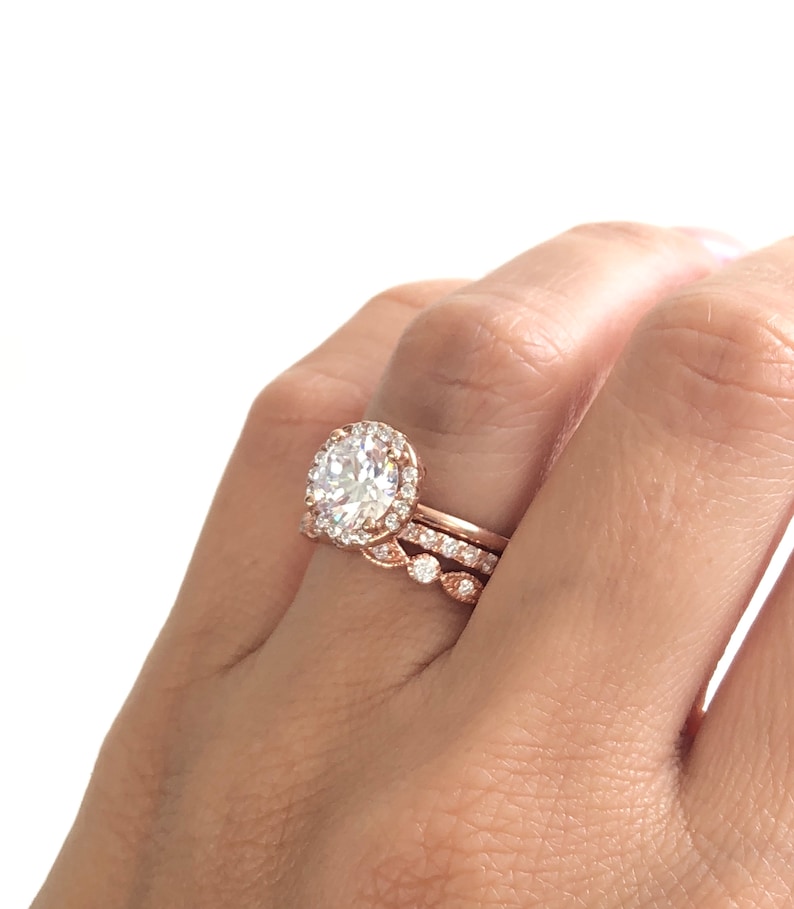 Rose Gold Wedding Ring Set. Round Cut Engagement Ring With 2mm Art Deco Band And 2mm Full Eternity Band. Rose Gold Bridal Ring Set. image 6