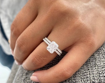 Sterling Silver Radiant Cut Engagement Ring. Half Eternity Band. Wedding Ring Set. Diamond Simulant. Silver Wedding Rings. Anniversary Gift.