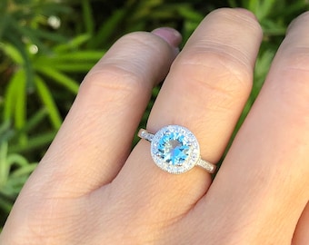 High quality sterling silver ring, rhodium plated with aquamarine stone. Aqua ring. Aqua chalcedony ring. Aquamarine ring. Gemstone ring.