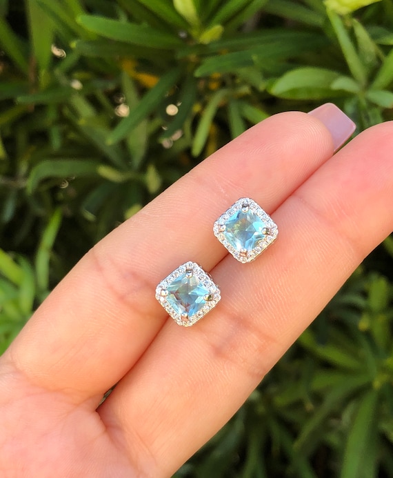 Sterling Silver Cushion 6mm Gemstone & Diamond Halo Post Earrings Sterling Silver Cushion 6mm Gemstone & Diamond Halo Post Earrings