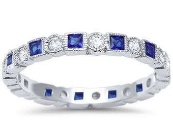 Art Deco Blue Sapphire Wedding Band Ring. Sterling Silver Stacking Ring. Vintage Wedding Band. September Birthstone Ring. Blue Sapphire Ring