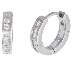 Sterling silver 13mm huggie earrings with 2mm round cz stones. High quality sterling silver small size hoop earrings. Small huggie earrings.