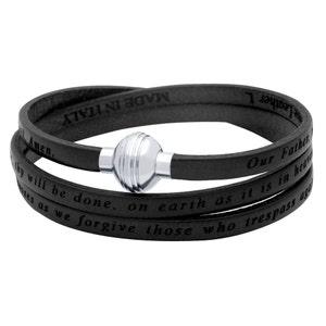 May include: Black leather wrap bracelet with a silver magnetic clasp. The bracelet has the Lord's Prayer engraved on it. "Our Father, who art in heaven, hallowed be thy name. Thy kingdom come, thy will be done, on earth as it is in heaven. Give us this day our daily bread. And forgive us our trespasses, as we forgive those who trespass against us. And lead us not into temptation, but deliver us from evil. For thine is the kingdom, and the power, and the glory, forever and ever. Amen."