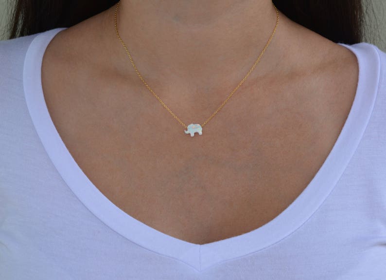 White opal sterling silver elephant necklace. Small elephant necklace. White opal elephant necklace. Gold plated mini elephant necklace. image 5