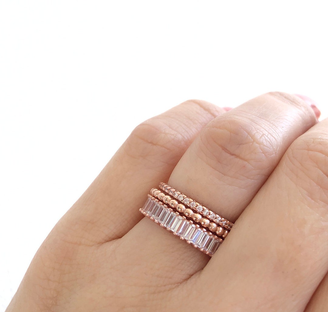 Rose Gold Ring Set. Rose Gold Ball Ring. Baguette Ring. Eternity Band