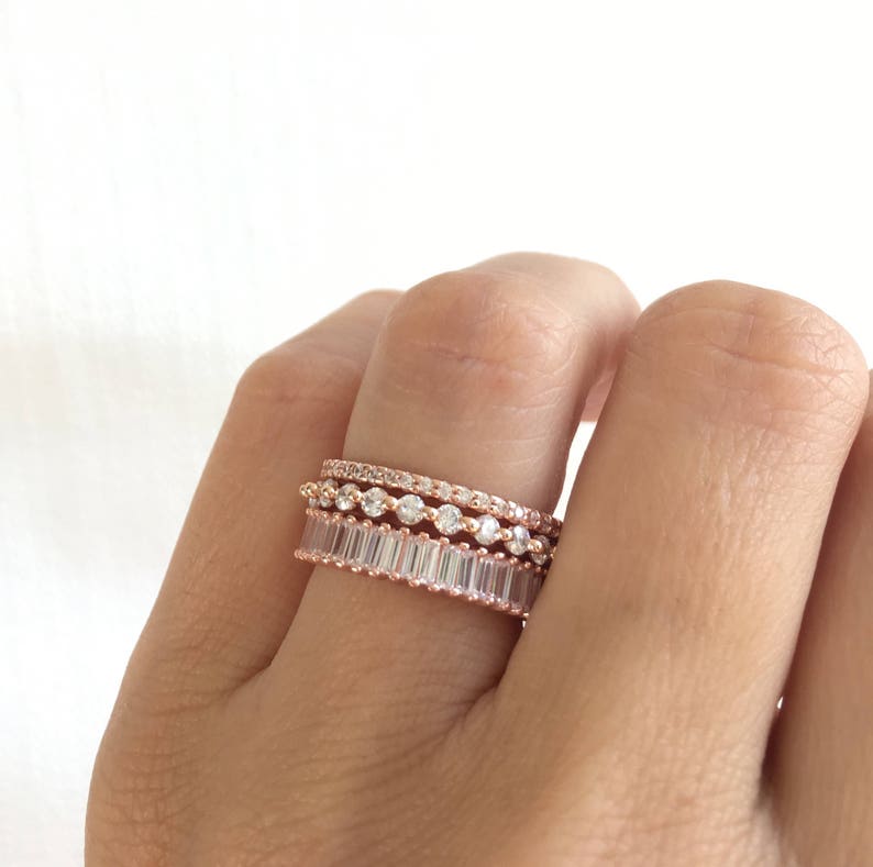 Rose Gold Wedding Band Set. Luxury Rose Gold Eternity Ring Set. Baguette Ring. Stackable Rings. Rose Gold Stacking Rings. Set Of Three Rings image 1