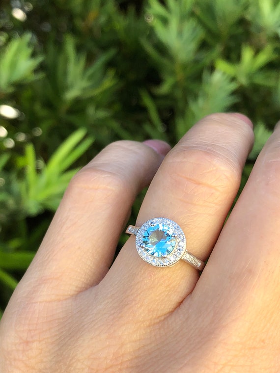 Aquamarine Ring. Sterling Silver Halo Aquamarine Ring. March