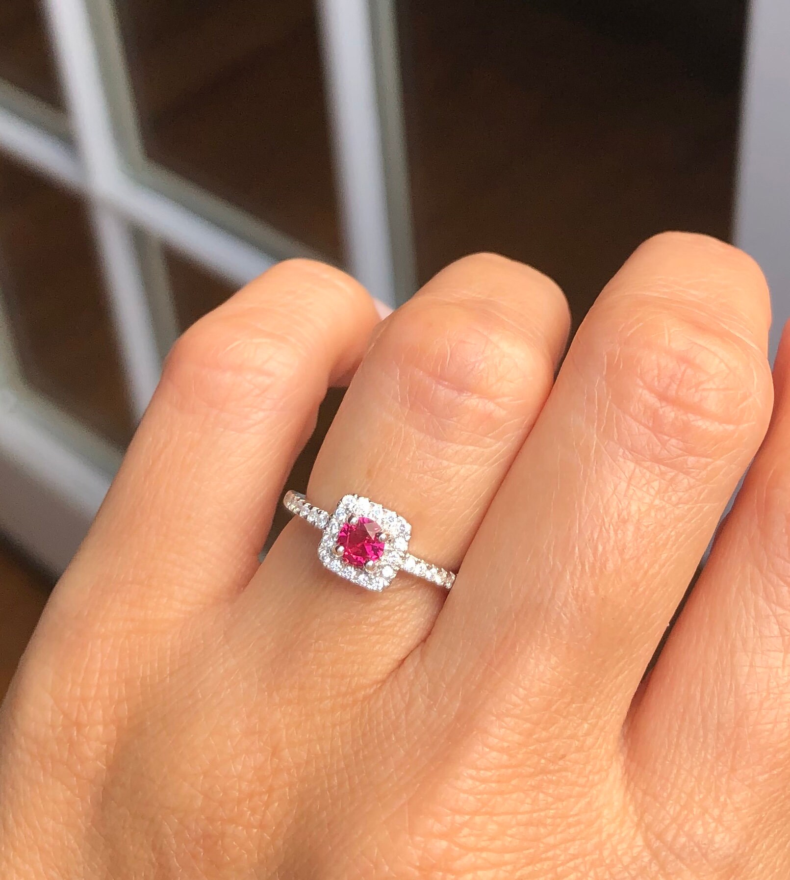 Ruby Ring. Sterling Silver Delicate Ruby Ring. Round Halo Ruby | Etsy
