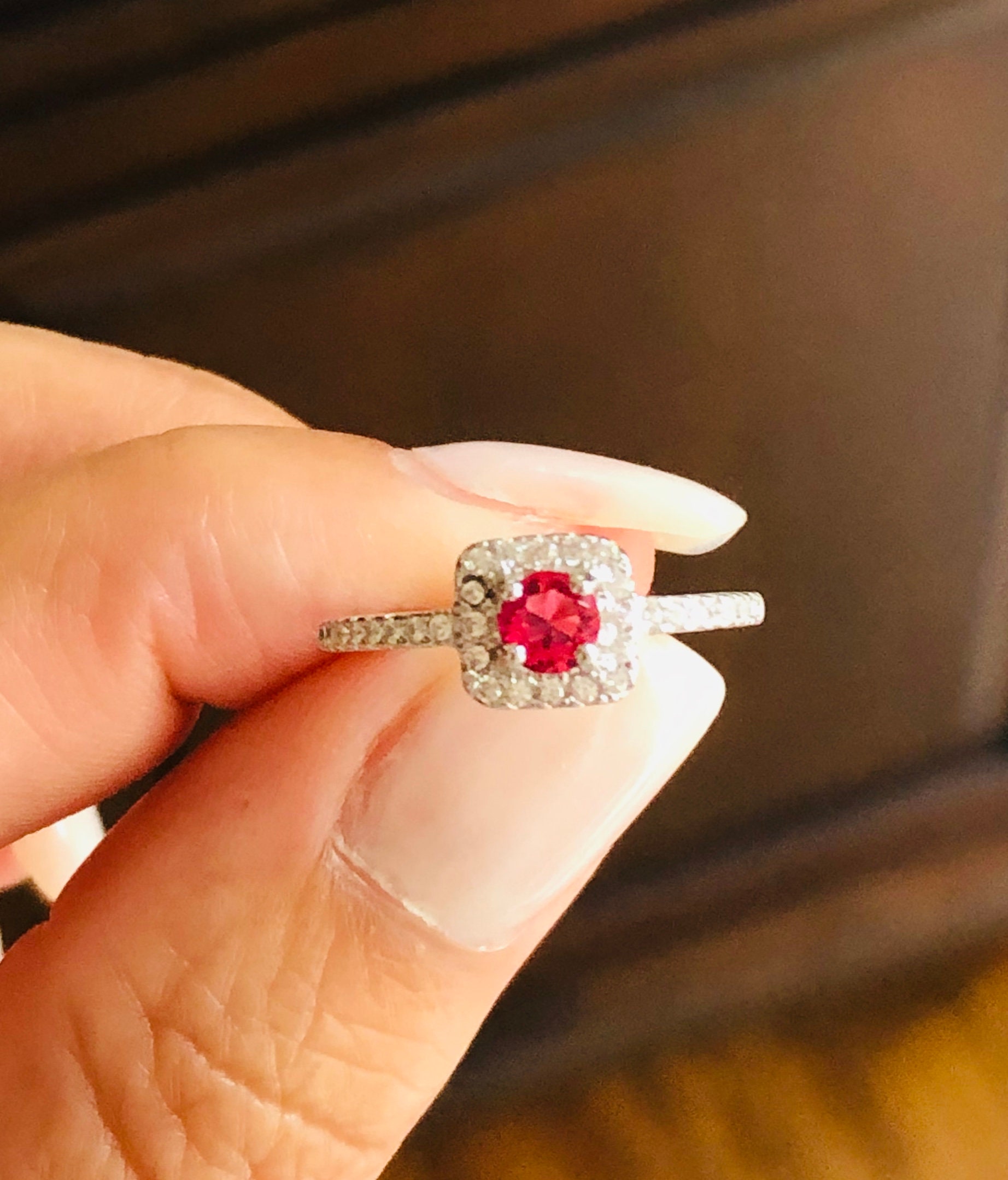 Ruby Ring. Sterling Silver Delicate Ruby Ring. Round Halo Ruby | Etsy