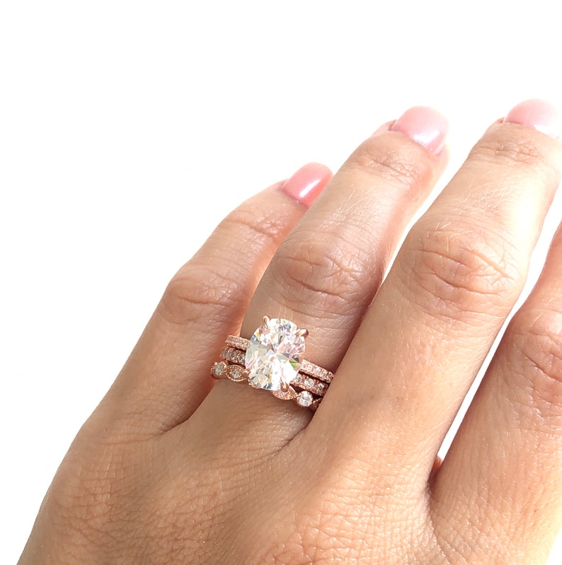 Wedding Ring Set. Rose Gold Oval Engagement Ring Set. Stacking Rings. Rose Gold Wedding Rings. Anniversary Rings. Rose Gold Rings. image 2