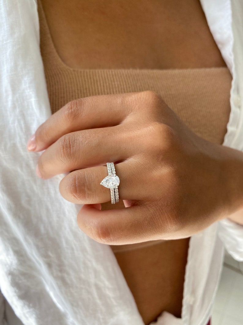2.0 ctw Pear Shaped Wedding Ring Set. Teardrop Bridal Rings. Pear Cut Engagement Ring. Half Eternity Wedding Band. Anniversary Rings. image 10