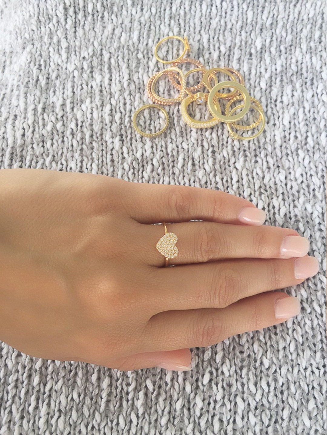 Heart Ring. Silver Heart Stackable Ring. Pave Cz Heart Ring