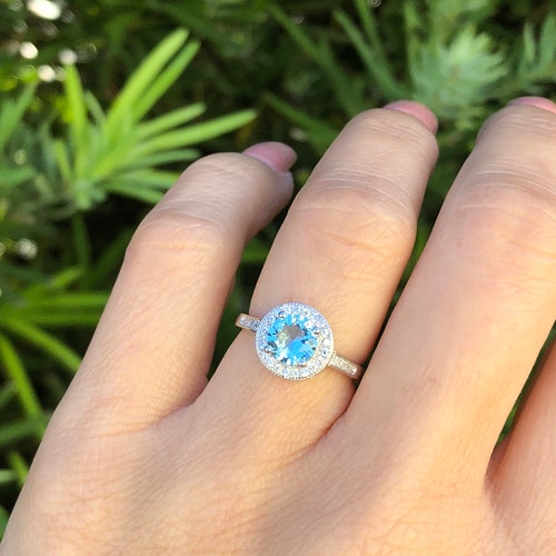 Aquamarine Ring. Sterling Silver Halo 