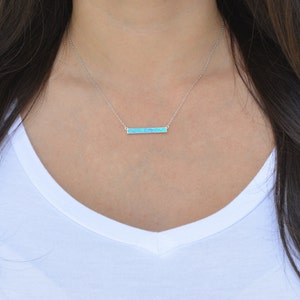 Sterling silver opal bar necklace. Unique design opal bar necklace. Small opal bar necklace. Blue opal necklace. Adjustable bar necklace.