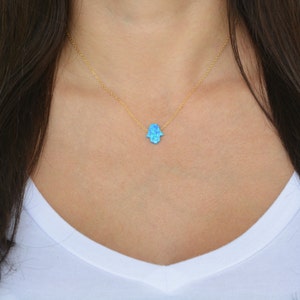 Sterling silver blue opal hamsa necklace. Turkish necklace. Silver gold plated blue opal hamsa necklace. White opal fatima necklace. image 1
