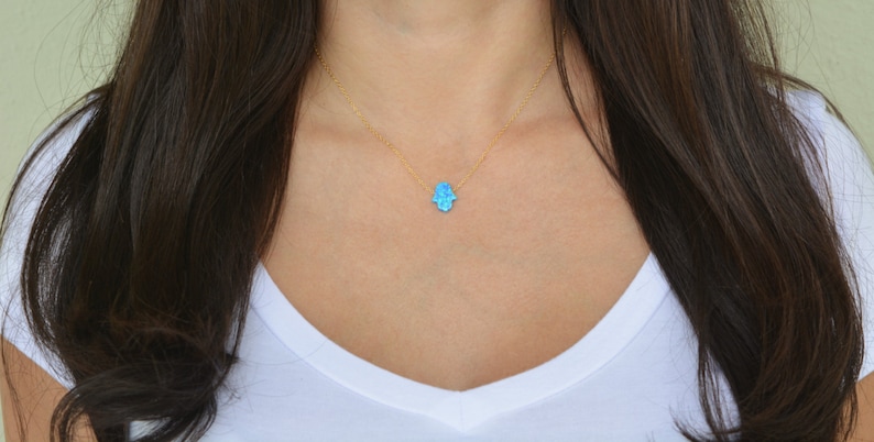 Sterling silver blue opal hamsa necklace. Turkish necklace. Silver gold plated blue opal hamsa necklace. White opal fatima necklace. image 1