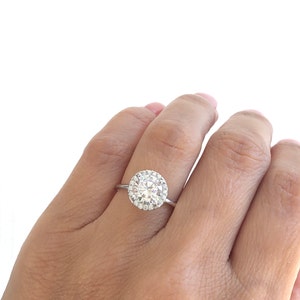 Round Halo Engagement Ring. Unique Beautiful Round Cut Engagement Ring. 1.25ct Halo Ring. Sterling Silver Promise Ring. Solitaire Ring.