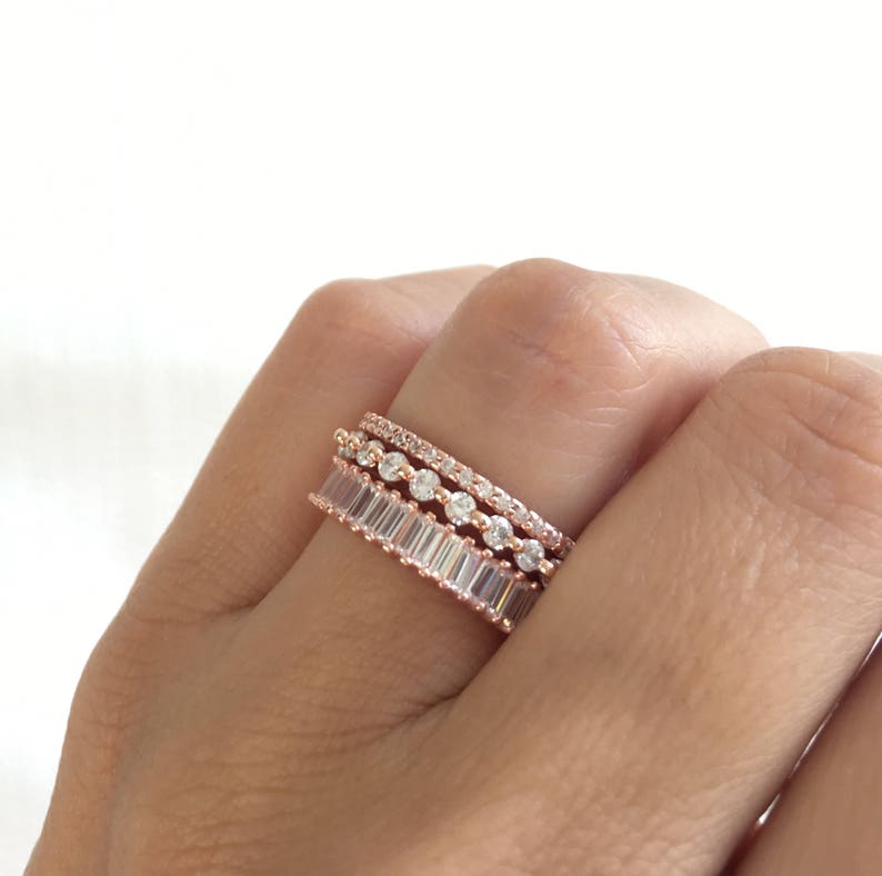 Rose Gold Wedding Band Set. Luxury Rose Gold Eternity Ring Set. Baguette Ring. Stackable Rings. Rose Gold Stacking Rings. Set Of Three Rings image 6