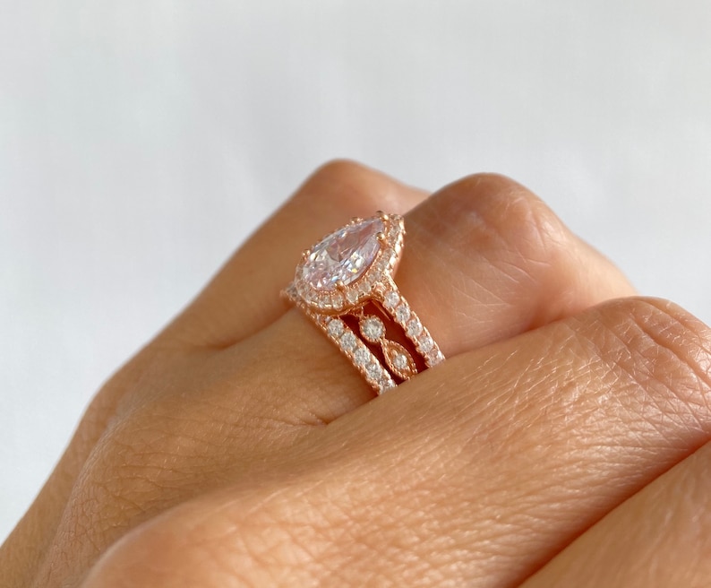 3.0 ctw Rose Gold Wedding Ring Set. Bridal Rings. Pear Shaped Halo Wedding Rings. Teardrop Ring. Art Deco Band. Pear Cut Engagement Ring. image 5