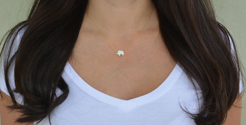 White opal sterling silver elephant necklace. Small elephant necklace. White opal elephant necklace. Gold plated mini elephant necklace. image 1