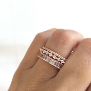 Rose Gold Wedding Band Set. Luxury Rose Gold Eternity Ring Set. Baguette Ring. Stackable Rings. Rose Gold Stacking Rings. Set Of Three Rings image 4