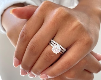 3.0 Ctw Wedding Ring Set. Sterling Silver Round Brilliant Cut Engagement Ring. Half Eternity Band. 2 Carats Brilliant Cut Engagement Ring.