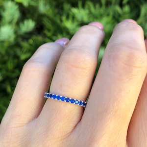 Blue Sapphire Eternity Band. Sterling Silver Eternity Ring. Sapphire Ring. Gemstone Ring. September Birthstone Ring.  Sizes 2-12.