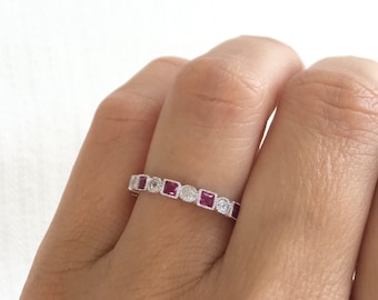 Ruby Eternity Band. July Birthstone Ring. Ruby Antique Style Eternity Band. Art Deco Ring. Ruby Simulant Sterling Silver Vintage Ring.