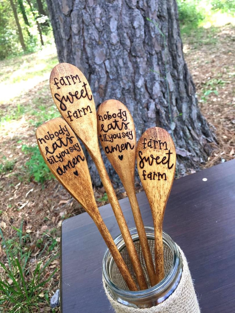 Wood Burning Spoons Family Prayer /& Farm Living 4 Wooden Spoons Coffee Stained