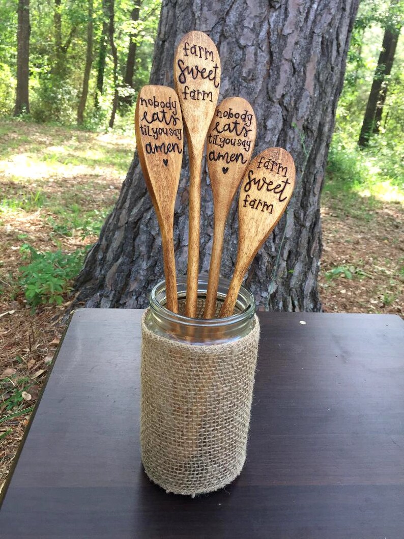 Wood Burning Spoons Family Prayer /& Farm Living 4 Wooden Spoons Coffee Stained