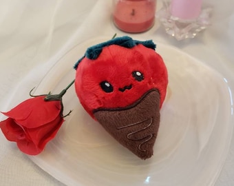 Kawaii Little Chocolate Covered Strawberry Plush, Cute Fruit Food Pillow, Play Food Toy, Handmade, Valentine's Day